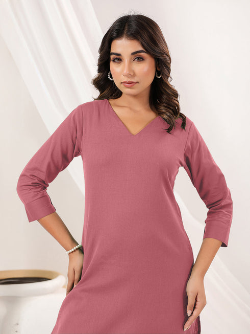 Janasya Women's Pink Cotton Solid Straight Kurta Pant Set