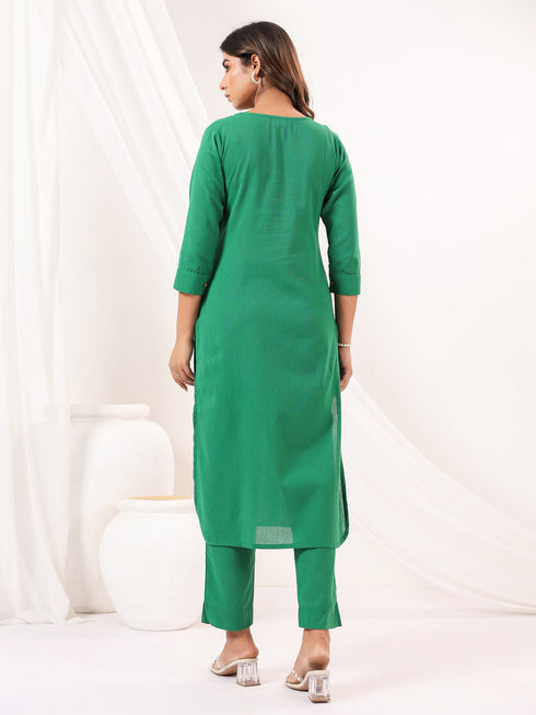 Janasya Women's Green Linen Cotton Solid Straight Kurta Pant Set
