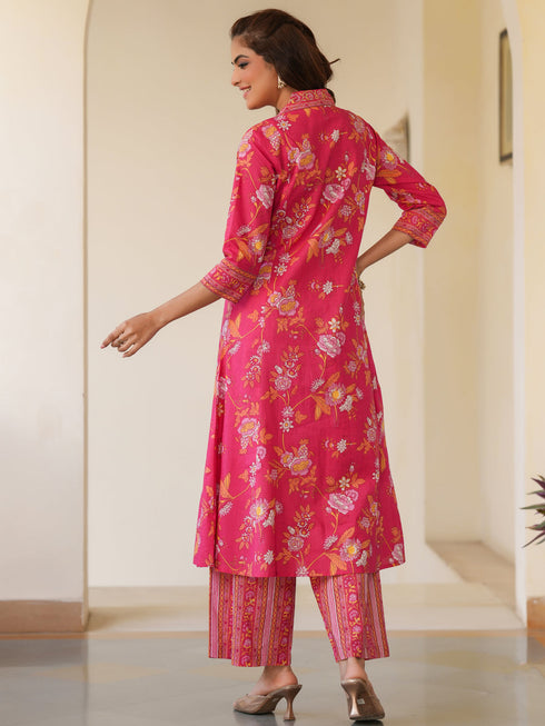 Pink Pure Cotton Floral Printed A-line Kurta Pant Set