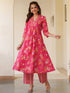 Pink Pure Cotton Floral Printed A-line Kurta Pant Set