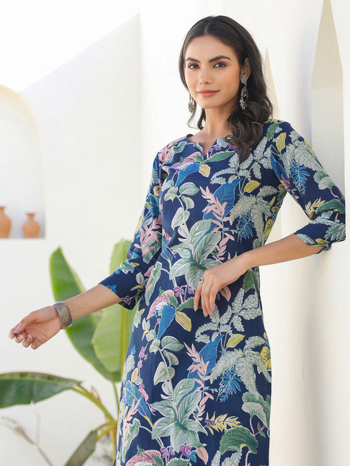 Janasya Women's Navy Blue Pure Cotton Floral Printed Straight Kurta Pant Set