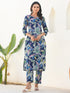 Janasya Women's Navy Blue Pure Cotton Floral Printed Straight Kurta Pant Set