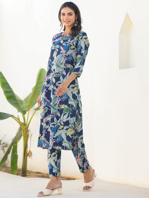 Janasya Women's Navy Blue Pure Cotton Floral Printed Straight Kurta Pant Set