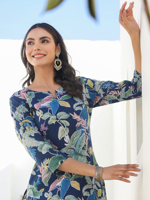 Janasya Women's Navy Blue Pure Cotton Floral Printed Straight Kurta Pant Set