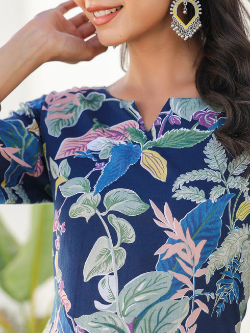 Janasya Women's Navy Blue Pure Cotton Floral Printed Straight Kurta Pant Set