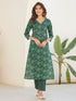 Dark Green Pure Cotton Floral Printed Straight Kurta Pant Set