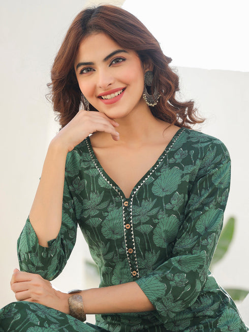 Dark Green Pure Cotton Floral Printed Straight Kurta Pant Set
