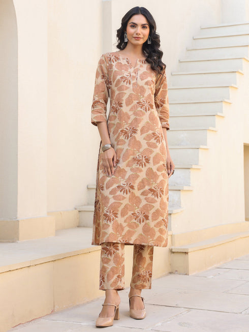Beige Pure Cotton Floral Printed Straight Kurta Pant Set