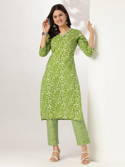 Lime Green Pure Cotton Floral Printed Straight Kurta Set