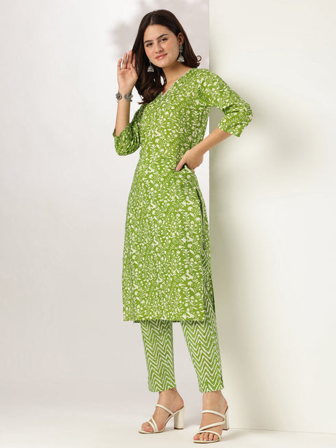 Lime Green Pure Cotton Floral Printed Straight Kurta Set