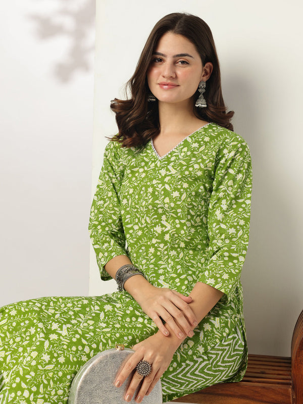 Lime Green Pure Cotton Floral Printed Straight Kurta Set