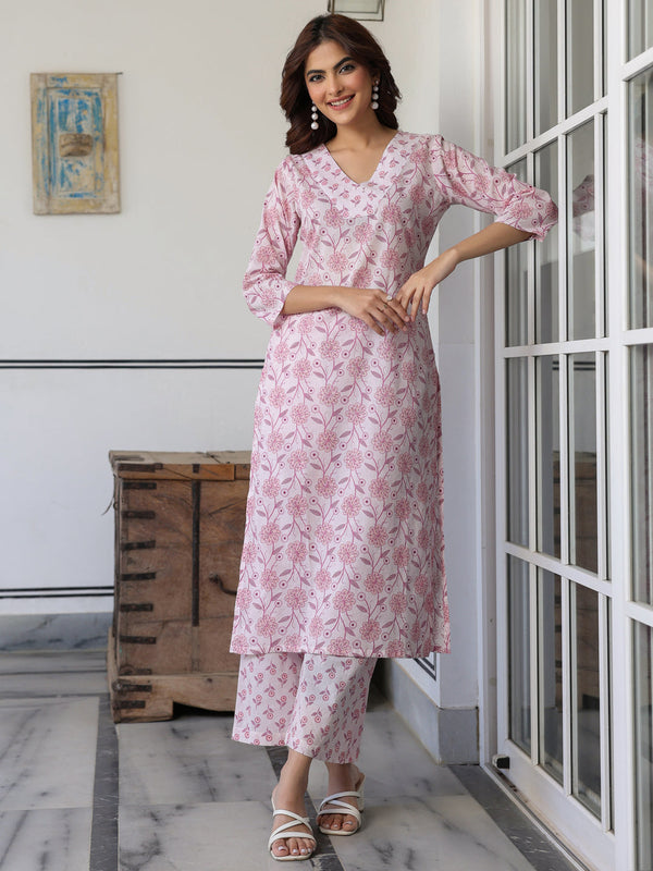Light Pink Pure Cotton Floral Printed Straight Kurta Pant Set