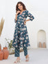Janasya Women's Teal Blue Pure Cotton Floral Printted A line Kurta Pant Set