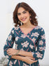 Janasya Women's Teal Blue Pure Cotton Floral Printted A line Kurta Pant Set