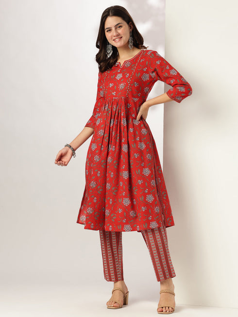Red Cotton Floral Printed A-line Kurta Pant Set