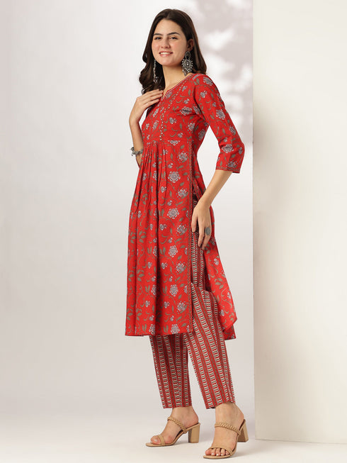 Red Cotton Floral Printed A-line Kurta Pant Set