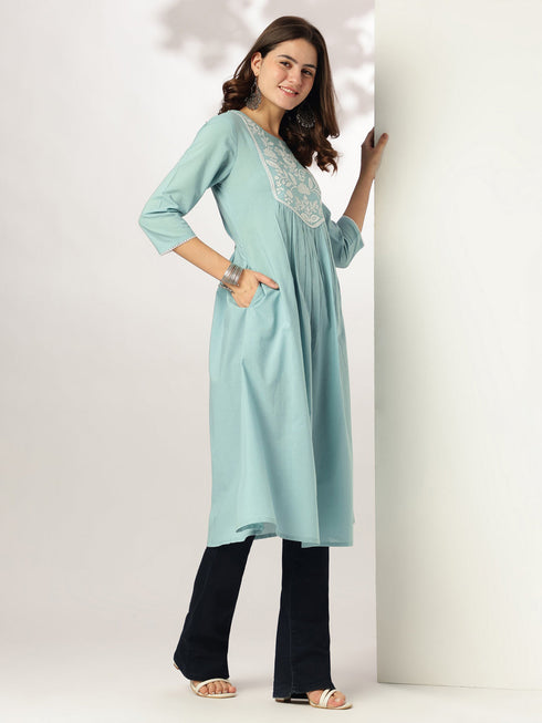 Janasya Women's Light Blue Pure Cotton Yoke Embroidered A-line Kurta