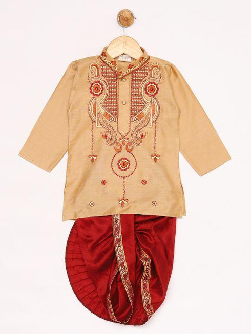 Boy's Rose Gold Silk Blend Kurta and Dhoti Set