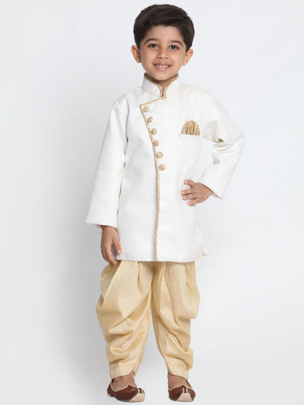 Boy's White Jute Silk Blend Sherwani Set