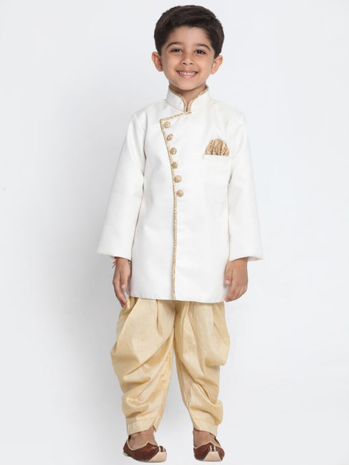 Boy's White Jute Silk Blend Sherwani Set