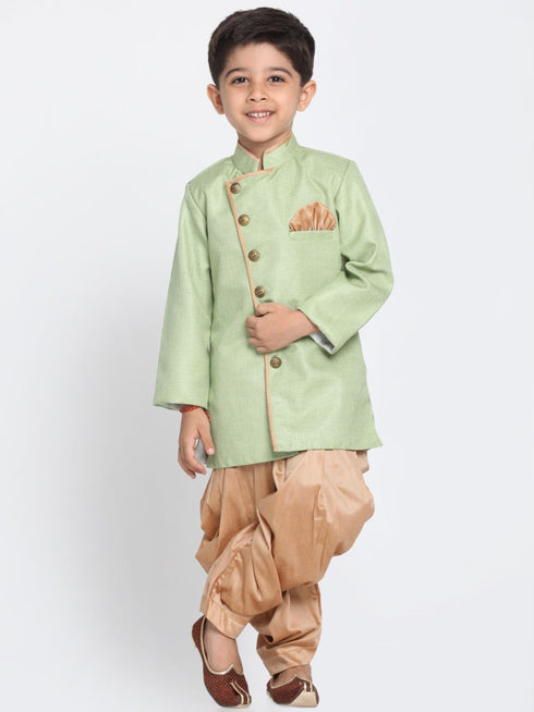 Boy's Green Jute Silk Blend Sherwani Set
