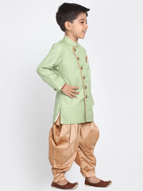 Boy's Green Jute Silk Blend Sherwani Set