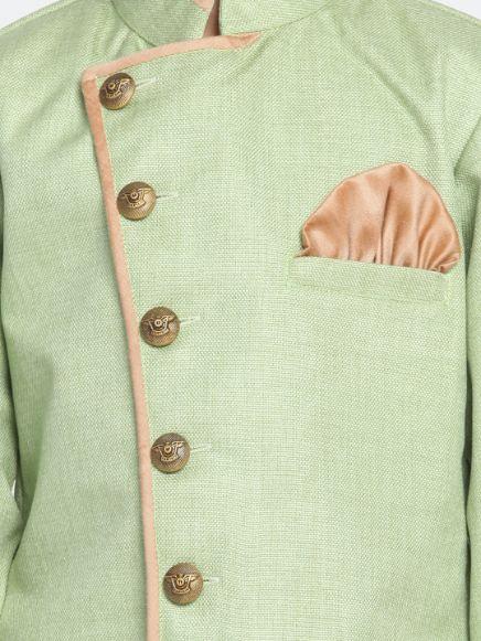Boy's Green Jute Silk Blend Sherwani Set