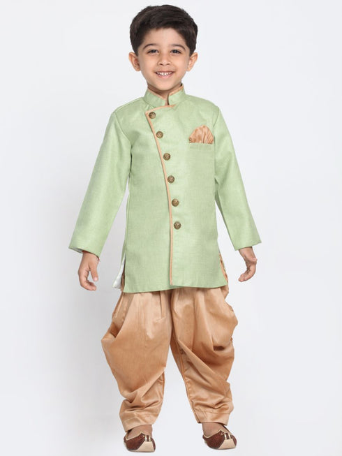 Boy's Green Jute Silk Blend Sherwani Set