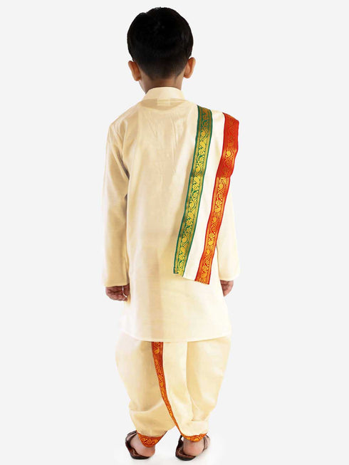 Boy's Cream Cotton Kurta Dhoti and Dupatta Set