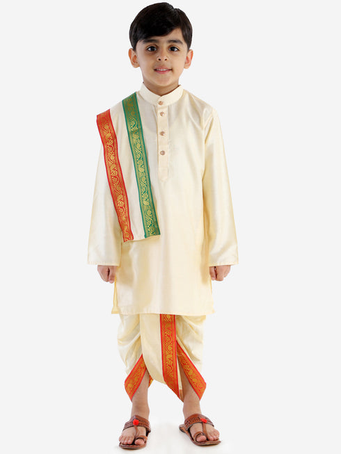 Boy's Gold Cotton Blend Kurta Dhoti and Dupatta Set