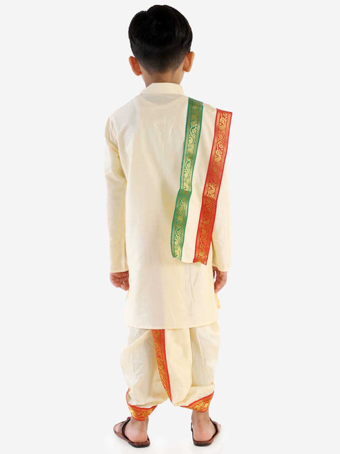 Boy's Gold Cotton Blend Kurta Dhoti and Dupatta Set