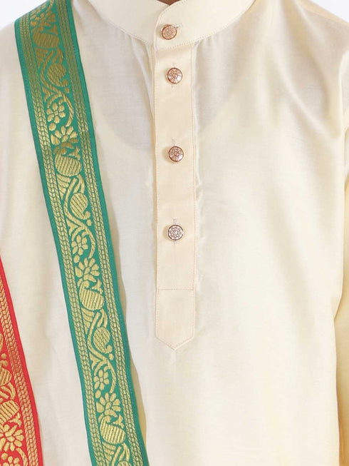 Boy's Gold Cotton Blend Kurta Dhoti and Dupatta Set