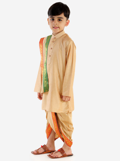 Boy's Rose Gold Cotton Blend Kurta Dhoti and Dupatta Set