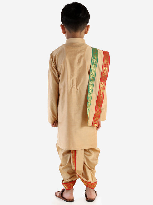 Boy's Rose Gold Cotton Blend Kurta Dhoti and Dupatta Set