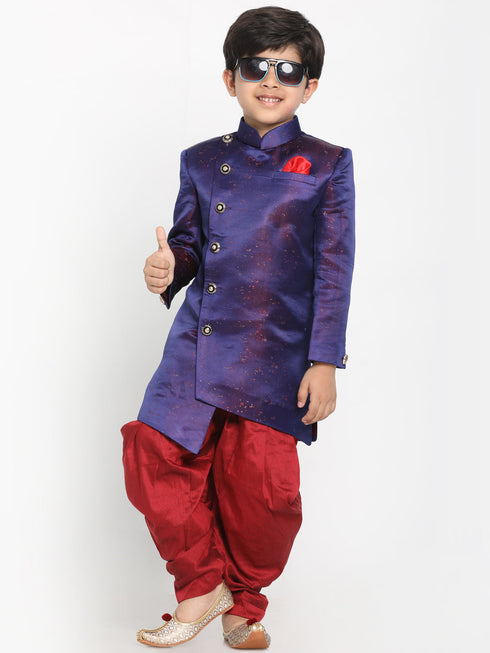 Boy's' Blue And Maroon Silk Blend Indowestern Sherwani And Dhoti Set