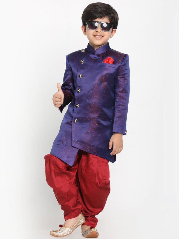 Boy's' Blue And Maroon Silk Blend Indowestern Sherwani And Dhoti Set