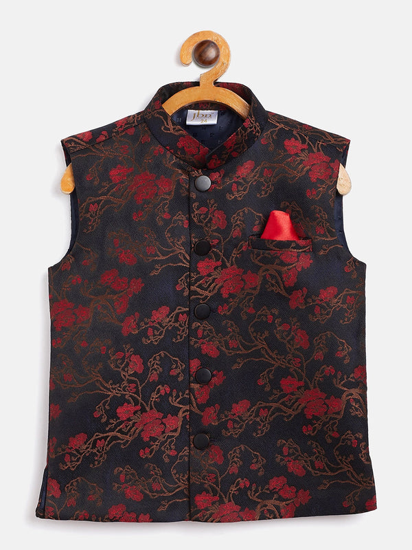 Boy's Maroon And Black Jacquard Nehru Jacket