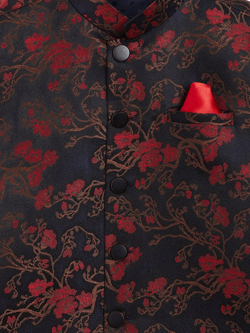 Boy's Maroon And Black Jacquard Nehru Jacket