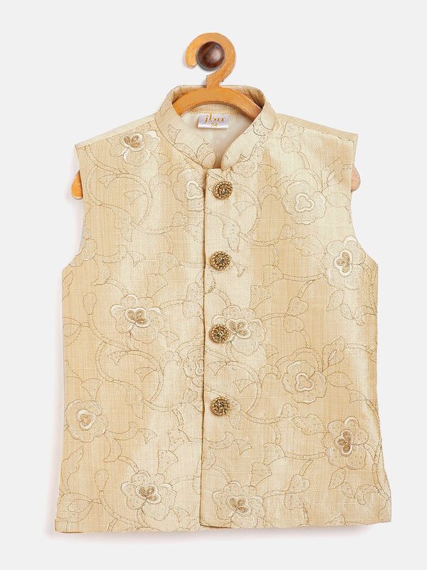 Beige Silk Blend Embroidered Nehru Jacket