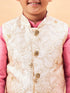 Boy's Beige Woven Nehru Jacket With Pink Kurta Pyjama Set