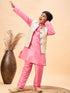 Boy's Beige Woven Nehru Jacket With Pink Kurta Pyjama Set