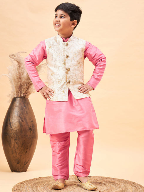 Boy's Beige Woven Nehru Jacket With Pink Kurta Pyjama Set