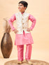 Boy's Beige Woven Nehru Jacket With Pink Kurta Pyjama Set