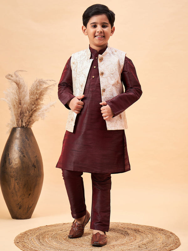 Boy's Beige Nehru Jacket With Wine Kurta And Pyjama Set