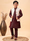 Boy's Beige Nehru Jacket With Wine Kurta And Pyjama Set