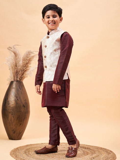 Boy's Beige Nehru Jacket With Wine Kurta And Pyjama Set
