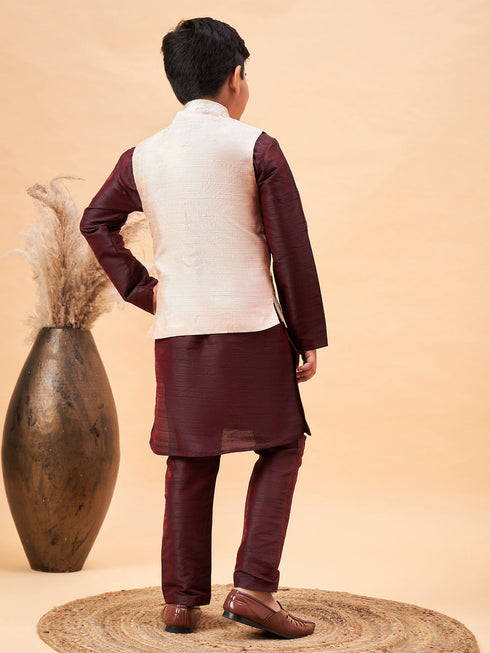 Boy's Beige Nehru Jacket With Wine Kurta And Pyjama Set