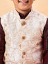 Boy's Beige Nehru Jacket With Wine Kurta And Pyjama Set