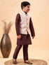 Boy's Beige Nehru Jacket With Wine Kurta And Pyjama Set