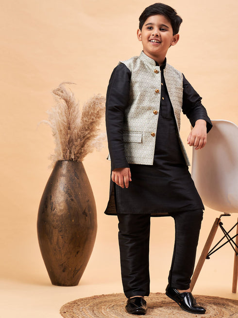 Boy's Beige Woven Nehru Jacket With Black Kurta Pyjama Set